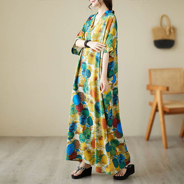 Vestido midi de lunares de colores azul naranja y piedras de Buddha Stones Vestido de media manga de algodón con bolsillos