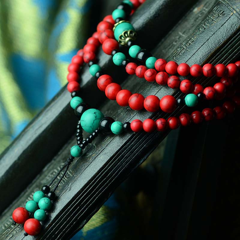 Pulsera de Protección de Cuentas de Turquesa Roja Ónix Negro Turquesa Buddha Stones