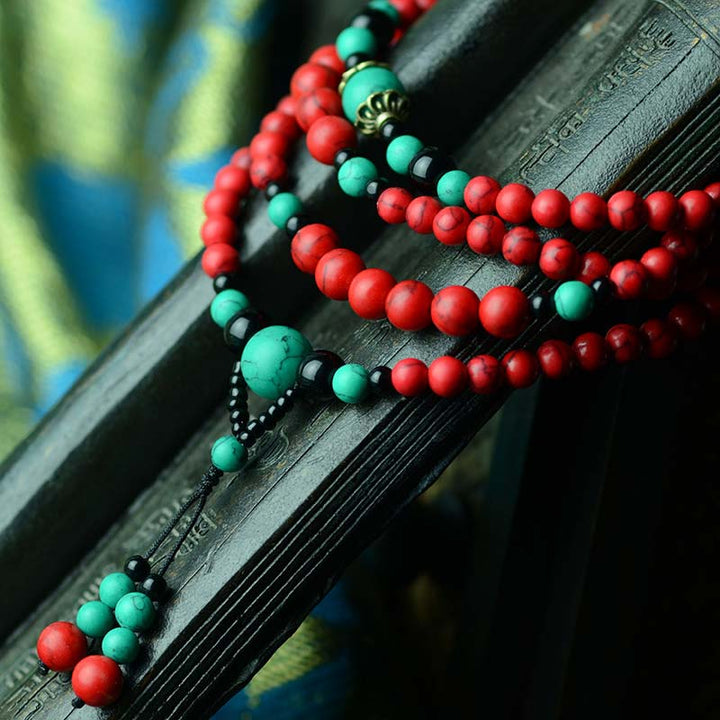 Pulsera de Protección de Cuentas de Turquesa Roja Ónix Negro Turquesa Buddha Stones