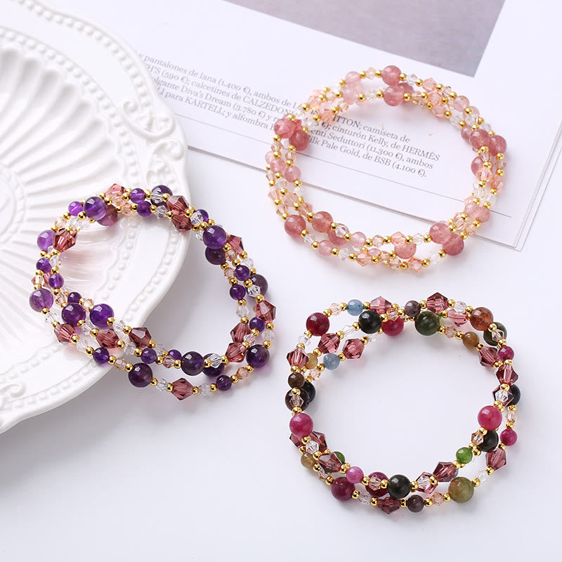 Pulsera de doble envoltura con Buddha Stones, turmalina Natural, fresa, cuarzo, amatista, paz y sabiduría