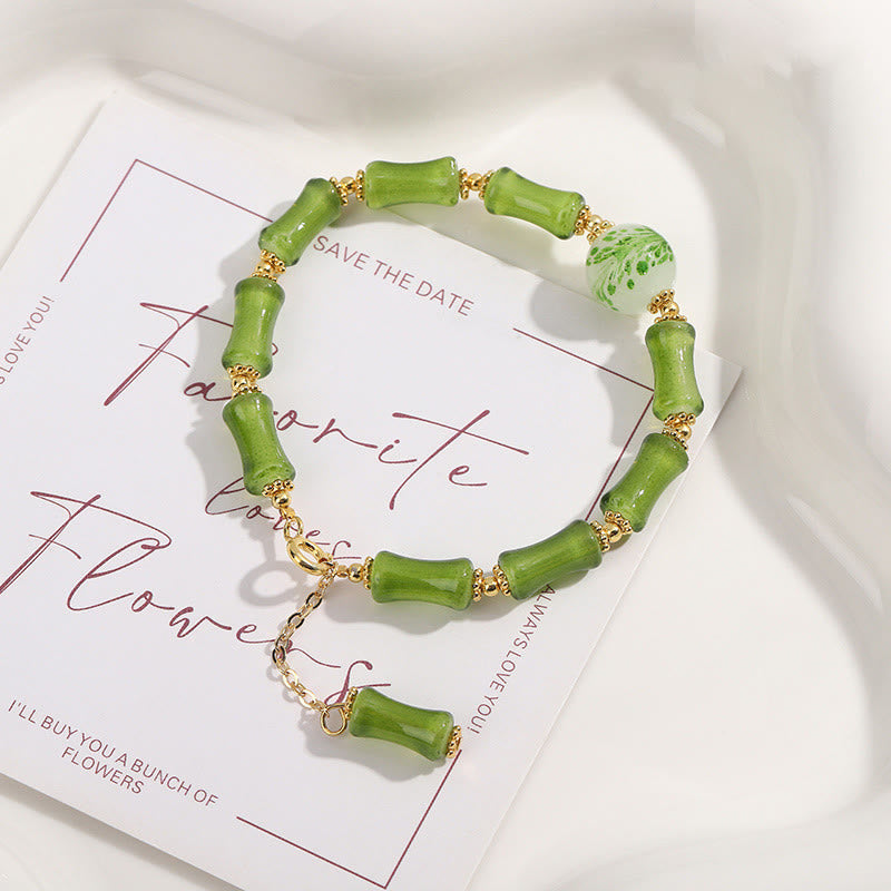 Pulsera de cadena de riqueza con Buddha Stones, patrón de bambú verde, cristal Liuli, ágata musgo