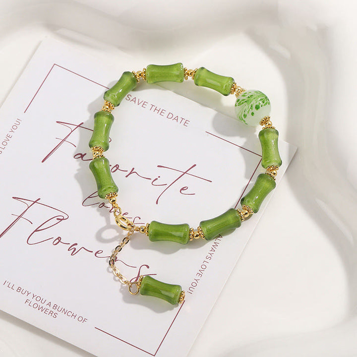 Pulsera de cadena de riqueza con Buddha Stones, patrón de bambú verde, cristal Liuli, ágata musgo