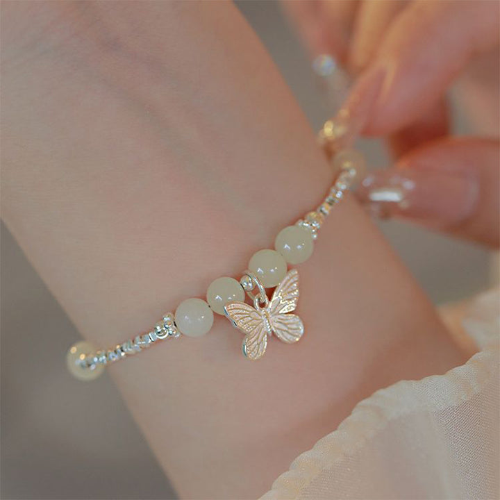 Pulsera con dije de mariposa de la suerte de jade hetiano natural de plata de ley 925 con Buddha Stones