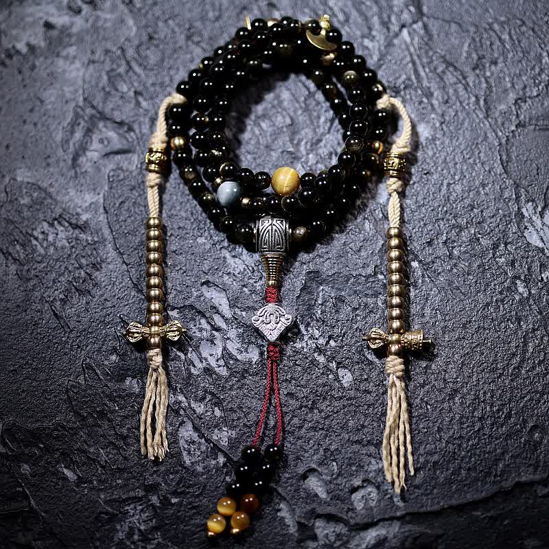 Pulsera de riqueza de piedra de ojo de águila de ojo de tigre de obsidiana con brillo dorado de 108 cuentas Mala