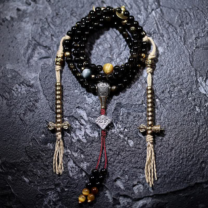 Pulsera de riqueza de piedra de ojo de águila de ojo de tigre de obsidiana con brillo dorado de 108 cuentas Mala