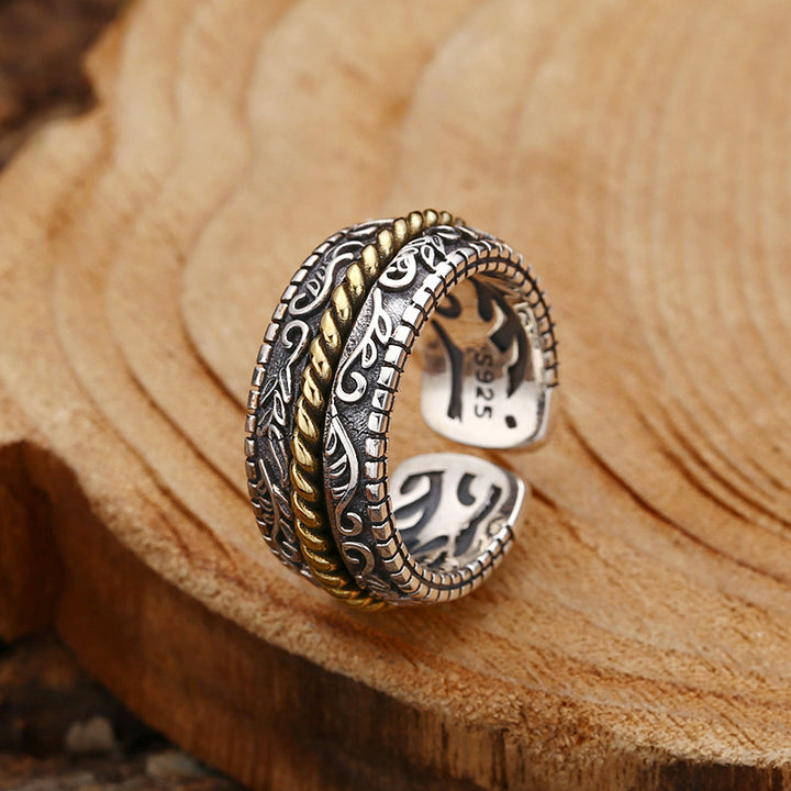 Anillo ajustable de la suerte con diseño de flor de la dinastía Tang de plata de ley 925 con Buddha Stones