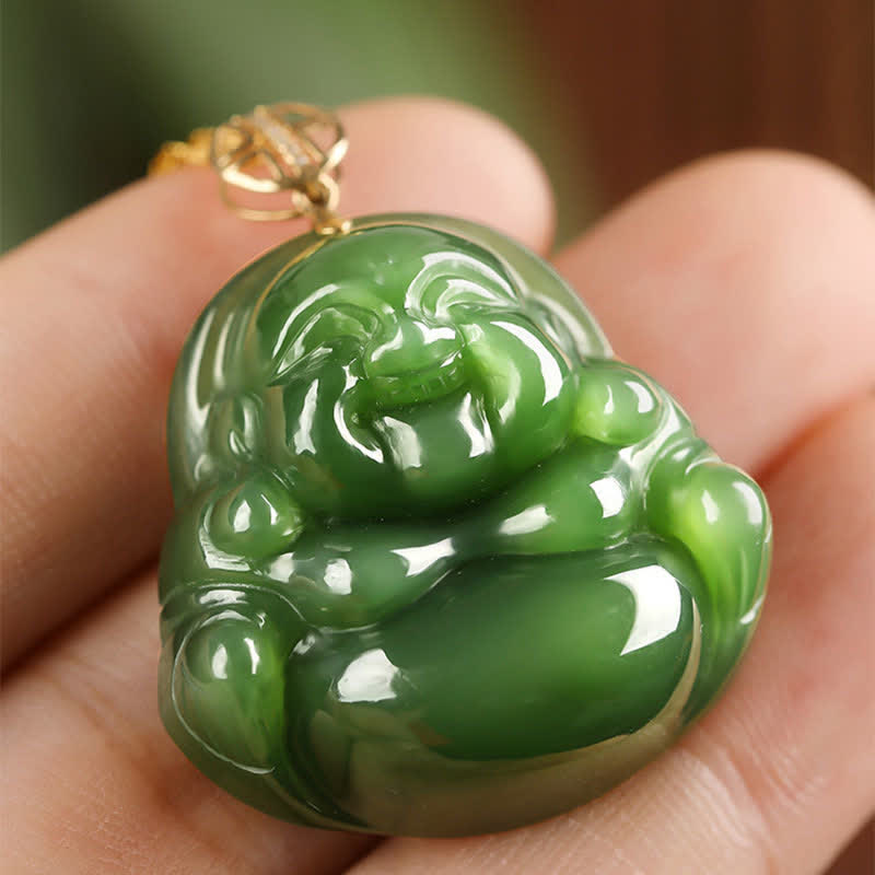 Colgante de cadena de collar de éxito de oro de 18 quilates con jade cian hetiano de Buda sonriente de plata de ley 925 - image 3