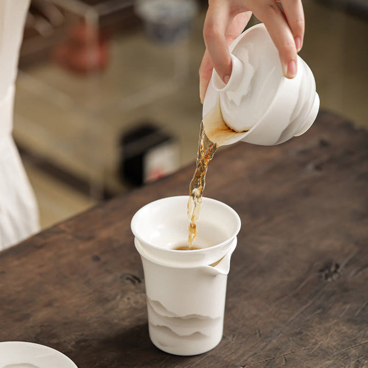 Buddha Stones Pintura De Tinta Vintage Montaña Porcelana Blanca Cerámica Gaiwan Sancai Taza De Té Kung Fu Taza De Té Y Platillo Con Tapa Utensilio De Té Tetera