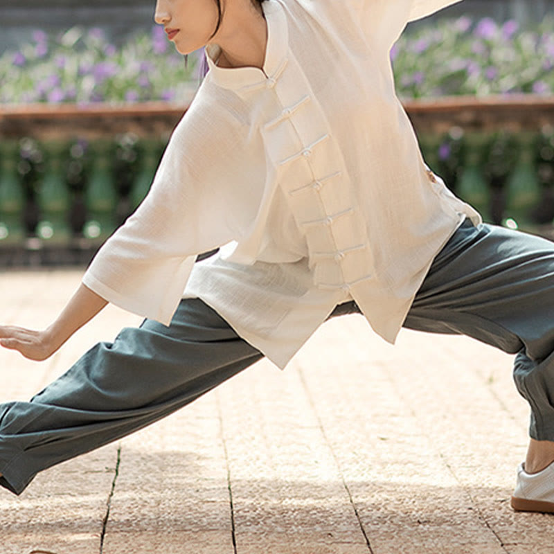 Buddha Stones Color sólido botón de rana meditación oración espiritual Zen Tai Chi Qigong práctica conjunto de ropa Unisex
