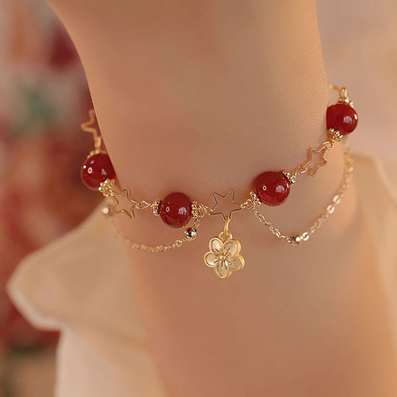 Pulsera tranquila con dije de flor de estrella de ágata roja chapada en oro de 14 Buddha Stones