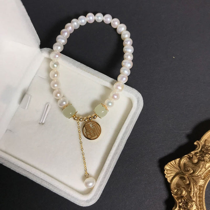Pulsera de cuentas de sabiduría de felicidad de jade hetiano de perlas naturales