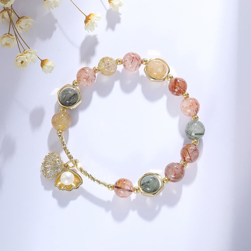 Pulsera de cuentas de protección de concha de cuarzo rutilado de colores naturales con Buddha Stones