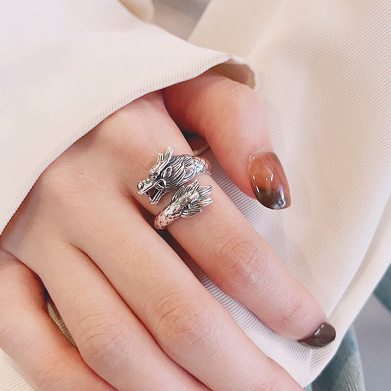 Anillo de metal ajustable con Buddha Stones de plata de ley 925, año del dragón, fuerza de la suerte