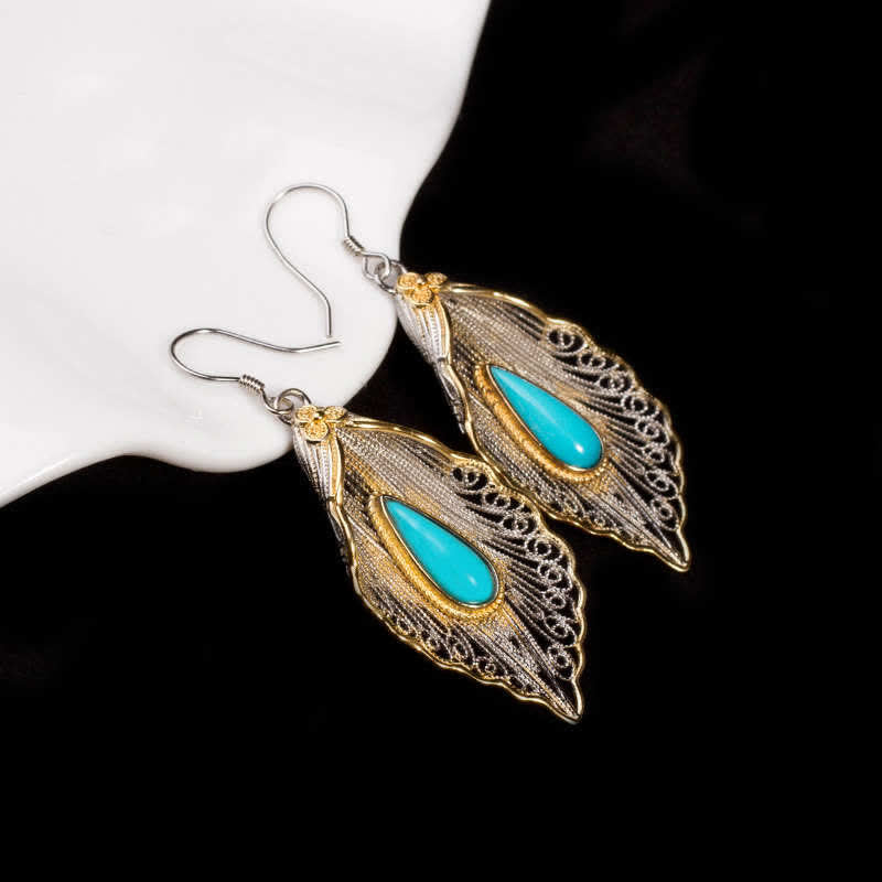Pendientes colgantes de plata de ley 925 con diseño de hoja de Bodhi turquesa