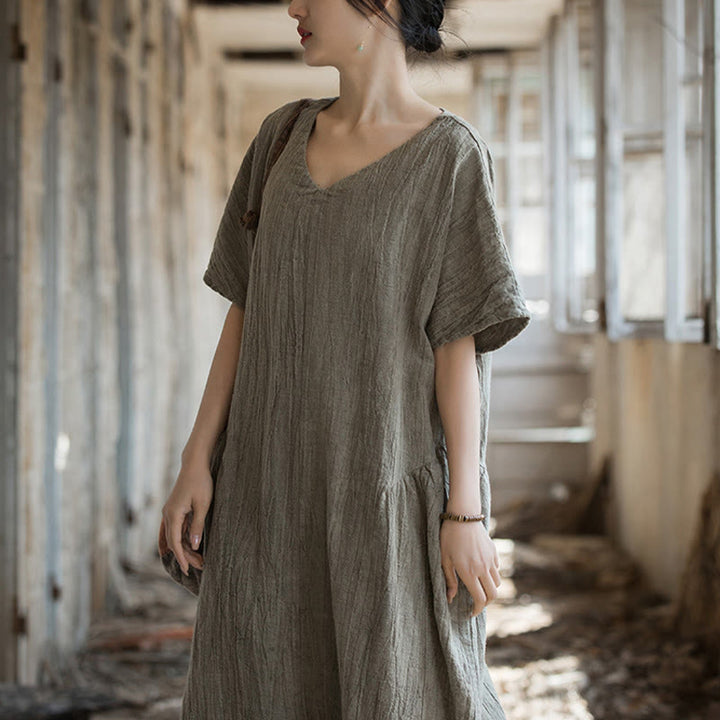 Vestido midi con cuello en V y teñido anudado hecho a mano con Buddha Stones Vestido de manga corta de lino