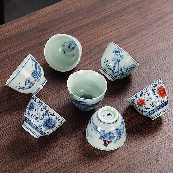 Taza de té de cerámica pequeña con Buddha Stones, paisaje azul, montañas, loto, lindos pabellones de gatos, Magnolia Reed Egrets, taza de té de Kung Fu
