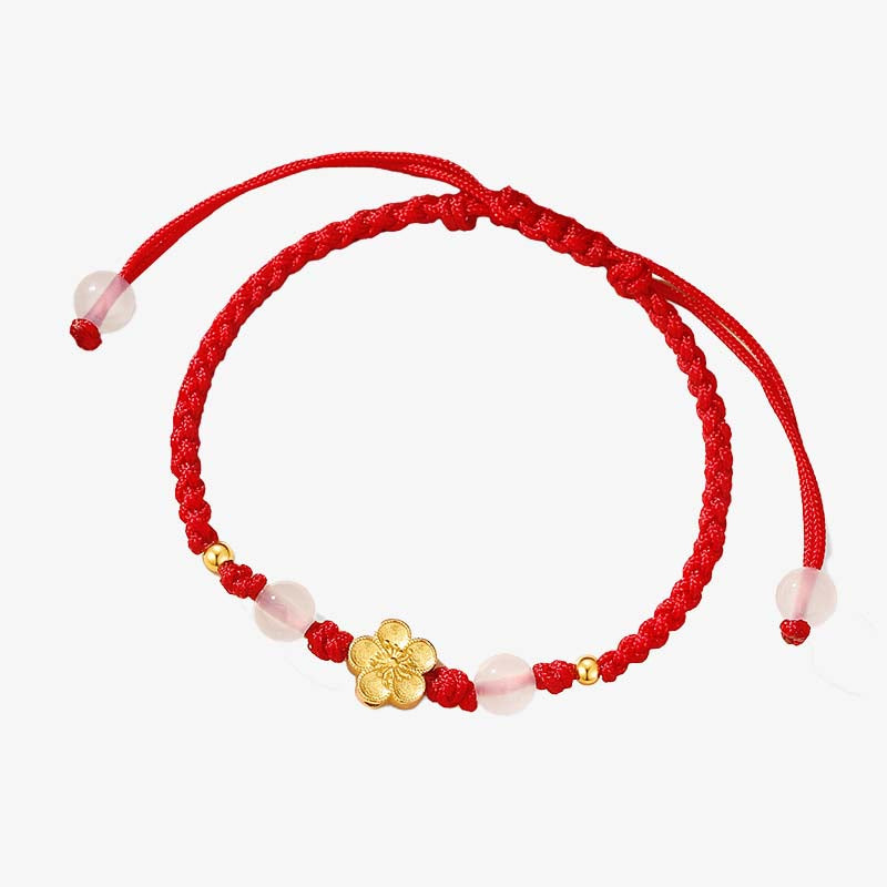 Pulsera de cuerda roja de la suerte con cuentas de calcedonia de cerezo y flor de melocotón de Plata de Ley 925 hecha a mano con Buddha Stones