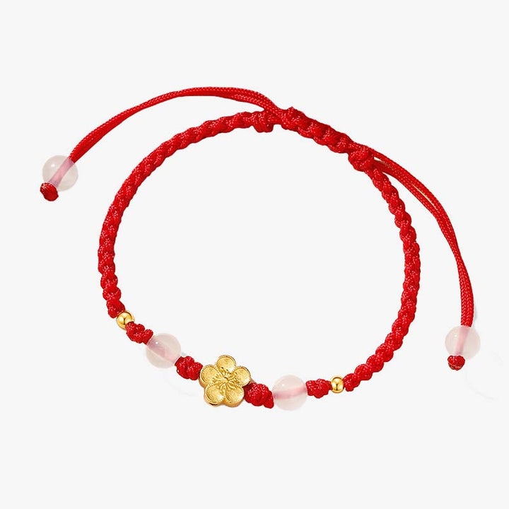 Pulsera de cuerda roja de la suerte con cuentas de calcedonia de cerezo y flor de melocotón de Plata de Ley 925 hecha a mano con Buddha Stones