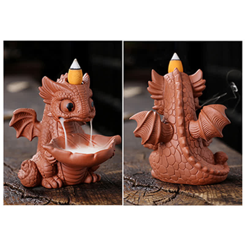Precioso dinosaurio de arcilla púrpura, fuente de humo de reflujo, decoración de quemador de incienso curativo