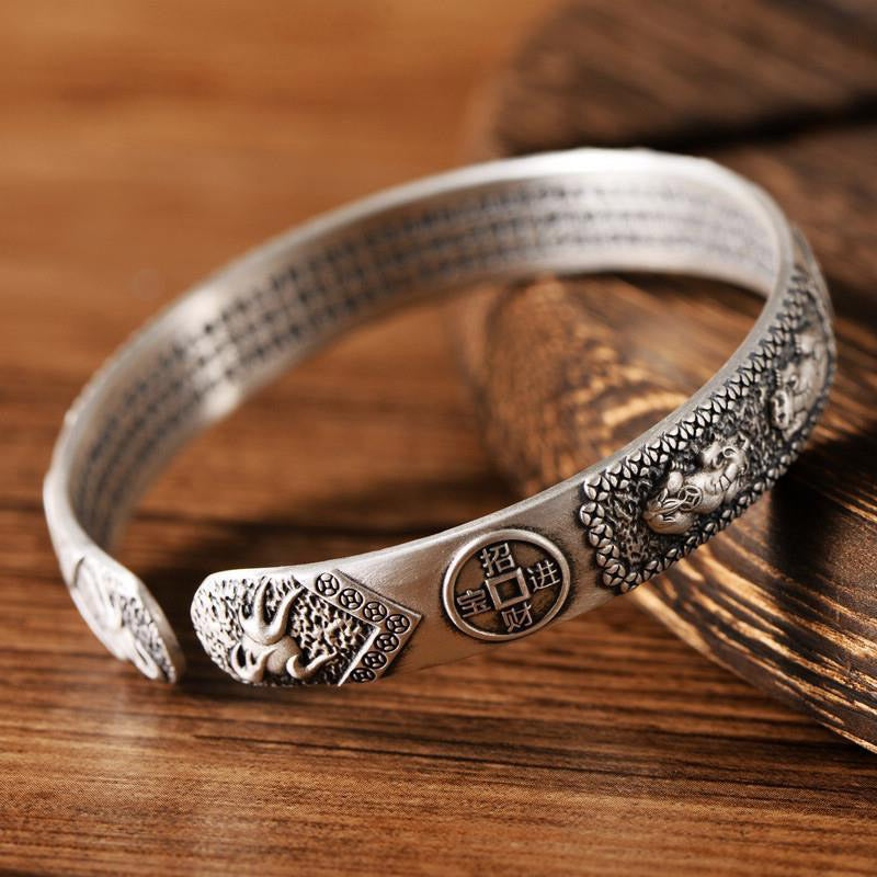 Pulsera ajustable de cobre blanco con monedas de Sutra y corazón de PiXiu tibetano con Buddha Stones