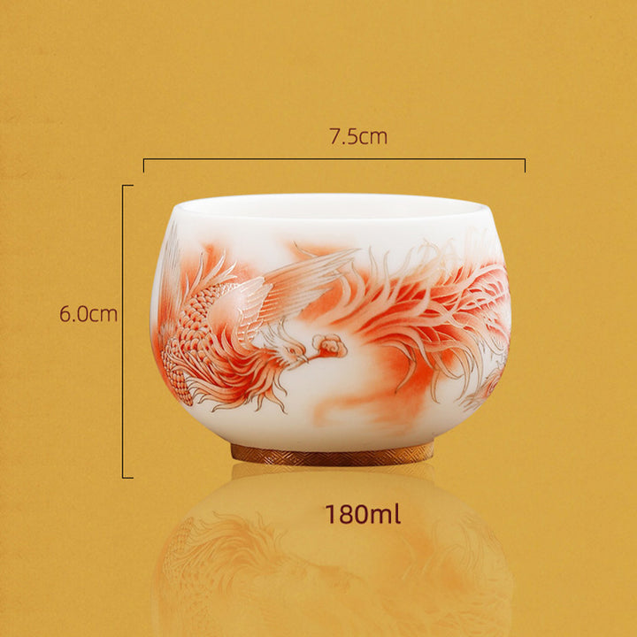 Taza de té de cerámica de porcelana blanca Fénix con Buddha Stones, taza de té de Kung Fu