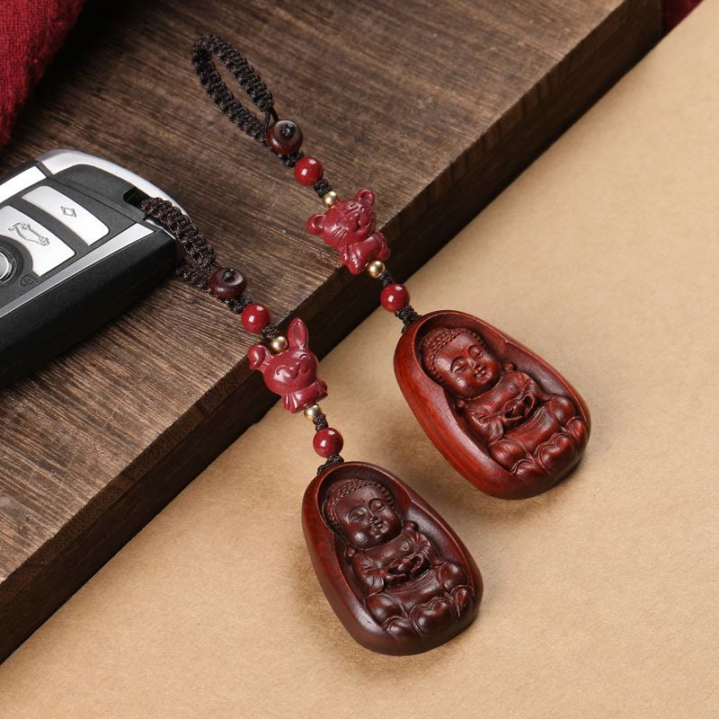 Llavero de protección con amuleto del zodiaco chino, Buddha Stones , hoja pequeña, sándalo rojo, Buda, cinabrio