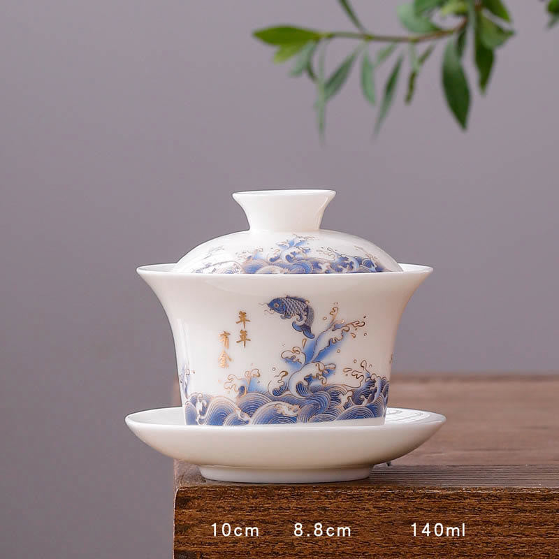 Taza de té y platillo con tapa, porcelana blanca, paisaje de montaña, campo, cerámica, Gaiwan, Kung Fu , Buddha Stones