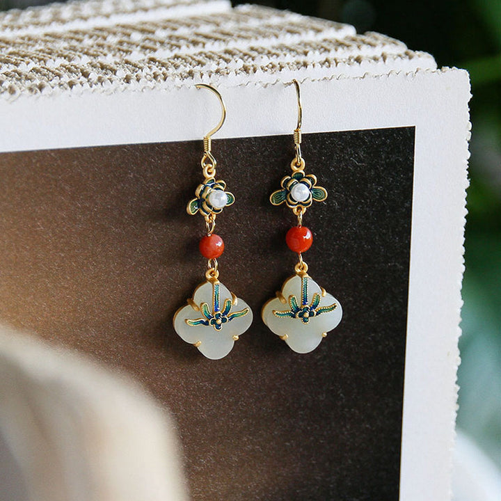 Pendientes de cobre con abundancia de jade, trébol de cuatro hojas de la suerte, Buddha Stones