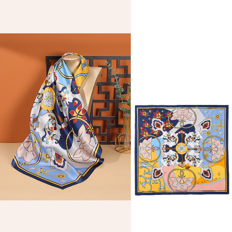 Buddha Stones escena pastoral globo aerostático flor de primavera 100% seda de morera cuello bufanda para el pelo - Flores - Azul marino - image 19