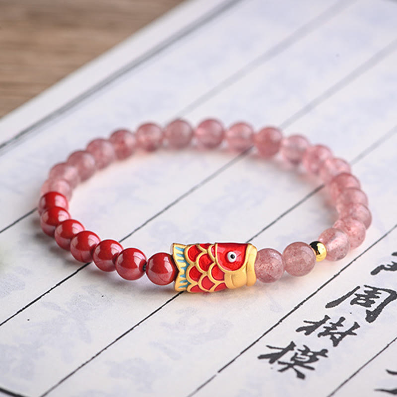 Pulsera curativa de peces Koi de la suerte, cinabrio, cuarzo fresa Natural, Buddha Stones
