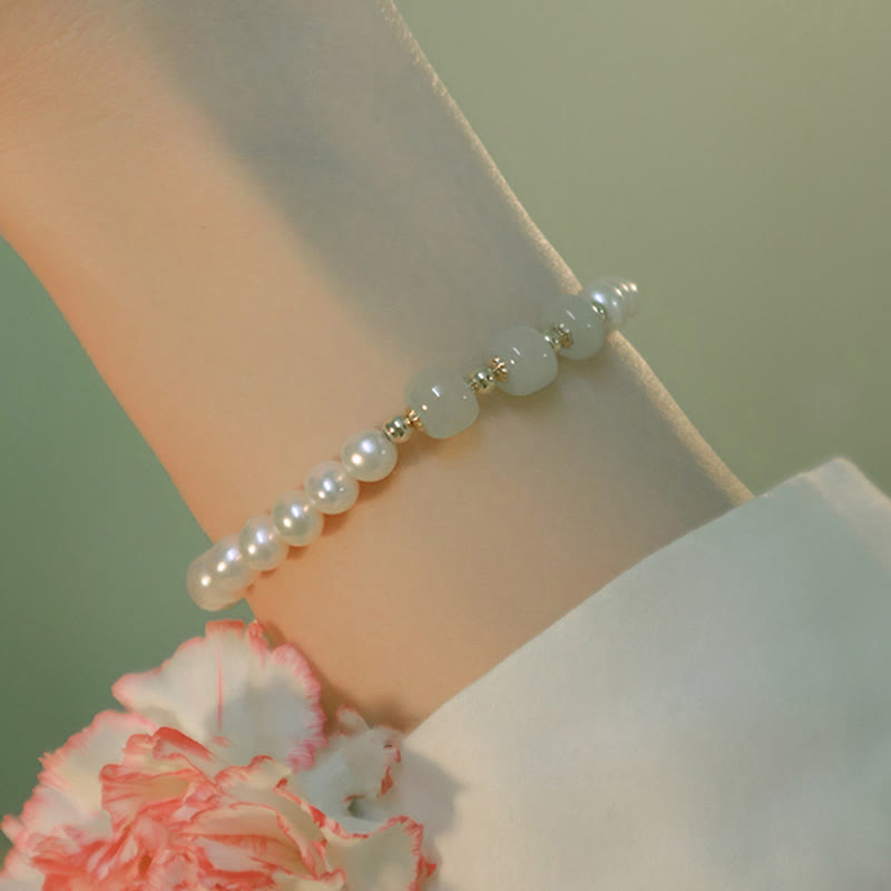 Pulsera de cadena de cuentas de sinceridad de jade blanco de jade cian hetiano con perlas naturales chapadas en oro de 14 quilates