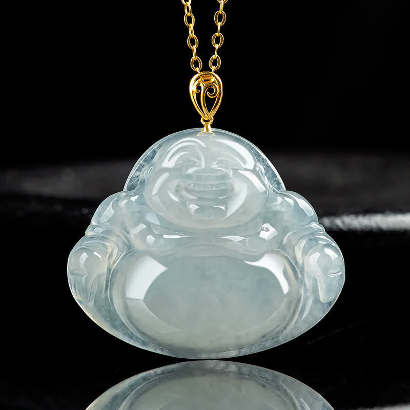 Buddha Stones sonriente de jade natural, chapado en oro y plata de ley 925. - Jade - image 0