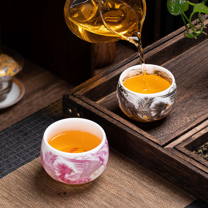 Taza de té de cerámica de porcelana blanca Phoenix Buddha Stones, taza de té de Kung Fu de 185ml con caja de regalo