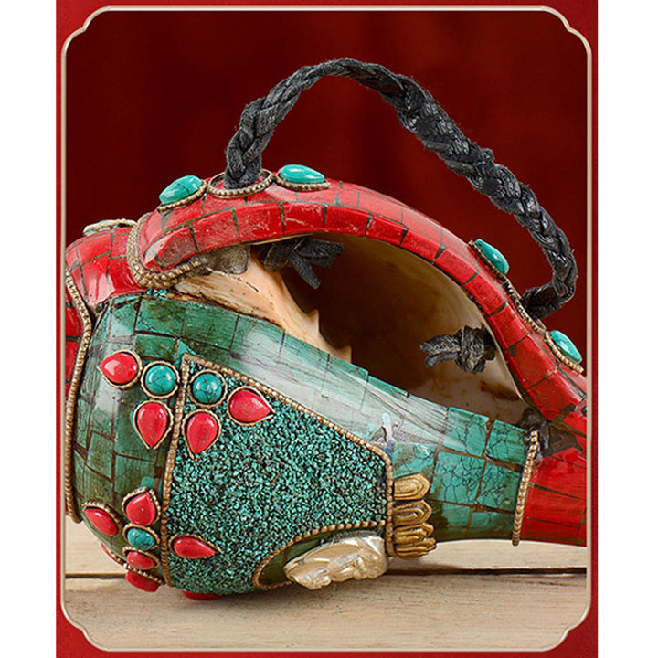 Tibetano hecho a mano Shankha Om Mani Padme Hum Buda Avalokitesvara turquesa Concha decoración positiva - image 8