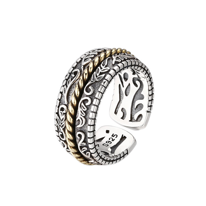 Anillo ajustable de la suerte con diseño de flor de la dinastía Tang de plata de ley 925 con Buddha Stones