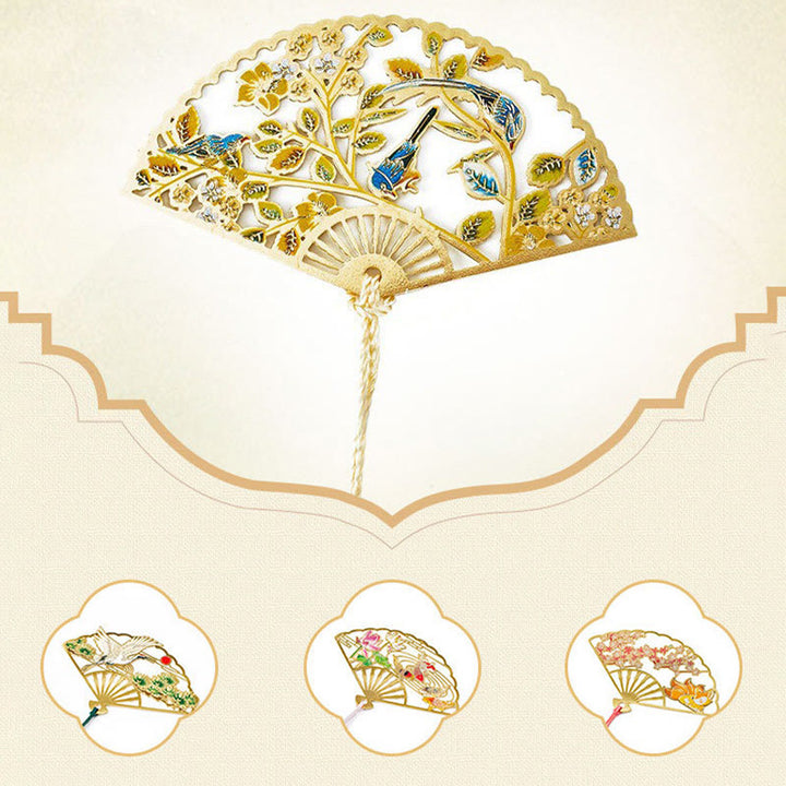 Buddha Stones, mariposa tradicional, flor de loto, grúa, dragón, Fénix, zorro, pez Koi, nuevo comienzo, marcapáginas de abanico hueco de Metal y latón