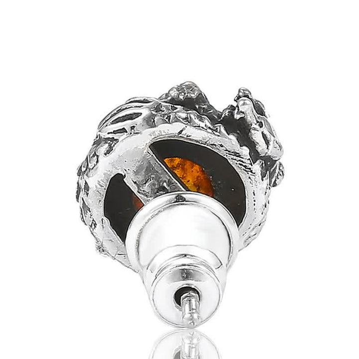 Pendientes de tuerca de plata de ley 925 con Buddha Stones, dragón de ámbar natural, protección del éxito