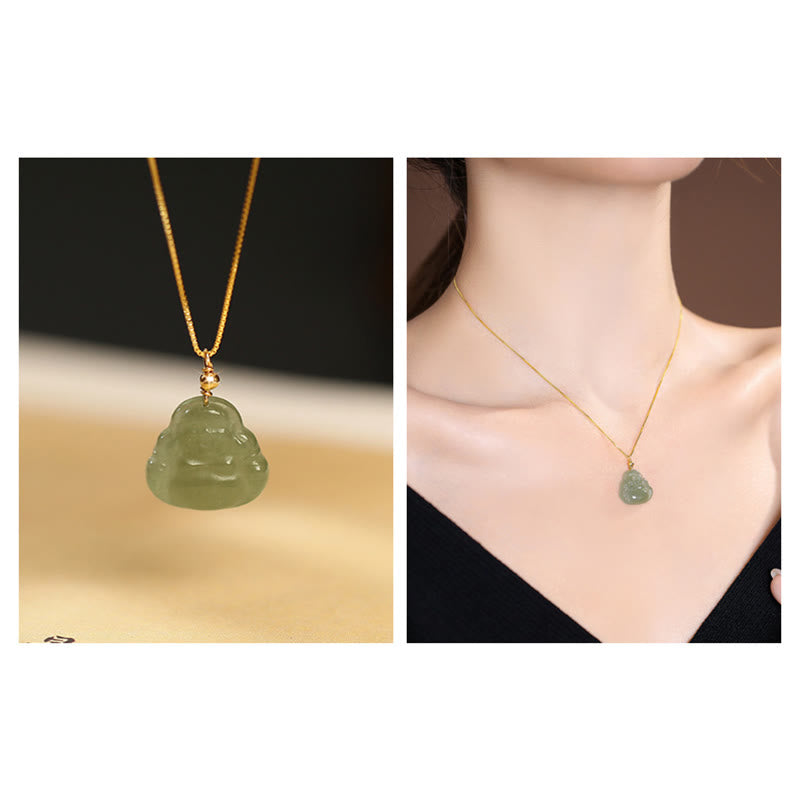 Plata de Ley 925 Natural Hetian Jade cian Jade suerte riendo Buda mariposa collar colgante - image 5