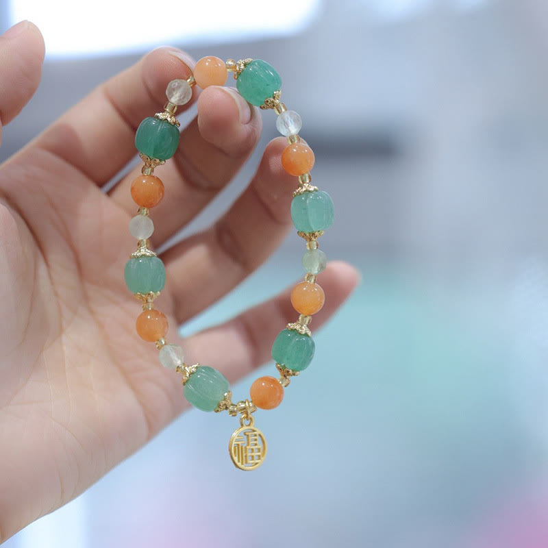 Pulsera de riqueza con dije de personaje Fu, cuentas de calabaza de Jade de seda dorada Natural con Buddha Stones