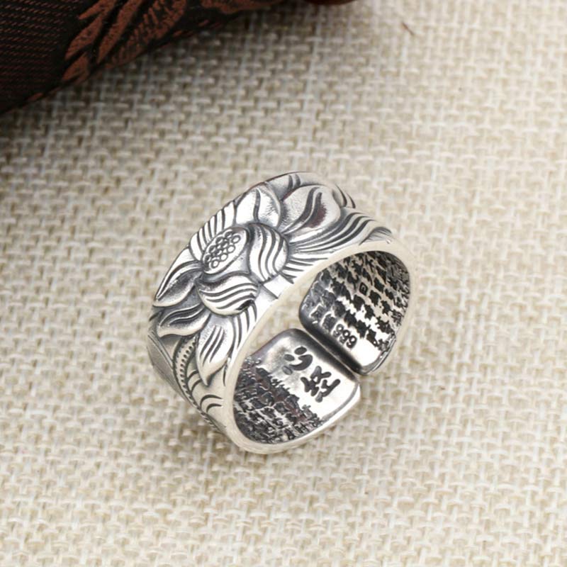 Anillo de protección Sutra de corazón con símbolo de loto de plata de ley 999 con Buddha Stones