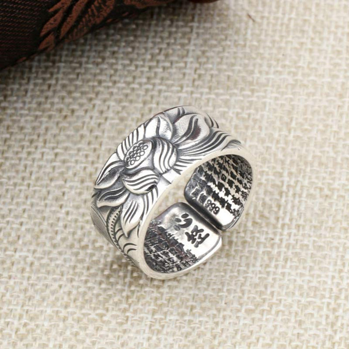 Anillo de protección Sutra de corazón con símbolo de loto de plata de ley 999 con Buddha Stones