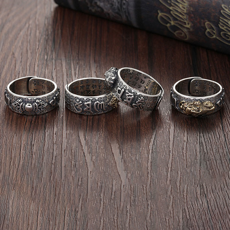 Buddha Stones tibetanas de plata de ley 990 Om Mani Padme Hum PiXiu Dorje Vajra corazón Sutra grabado anillo de riqueza