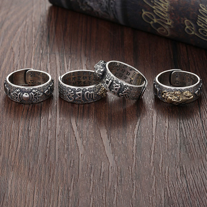 Buddha Stones tibetanas de plata de ley 990 Om Mani Padme Hum PiXiu Dorje Vajra corazón Sutra grabado anillo de riqueza