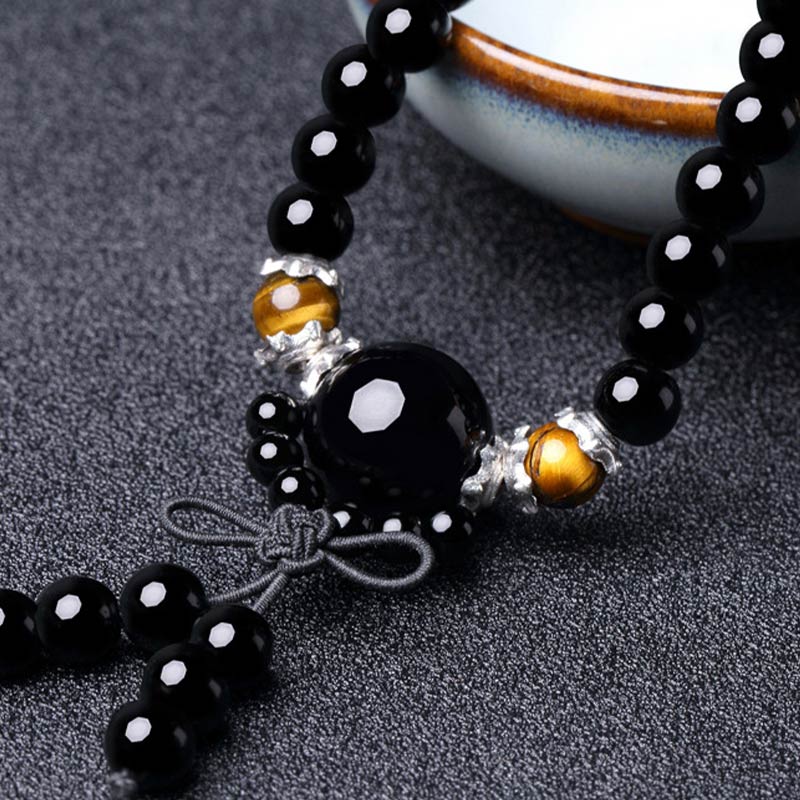 Pulsera Mala de ojo de tigre de obsidiana negra natural con 108 Buddha Stones