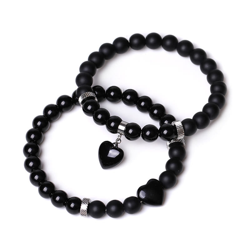 Buddha Stones 2 piezas de piedra de cristal de ónix negro amor protección del corazón pulsera de pareja