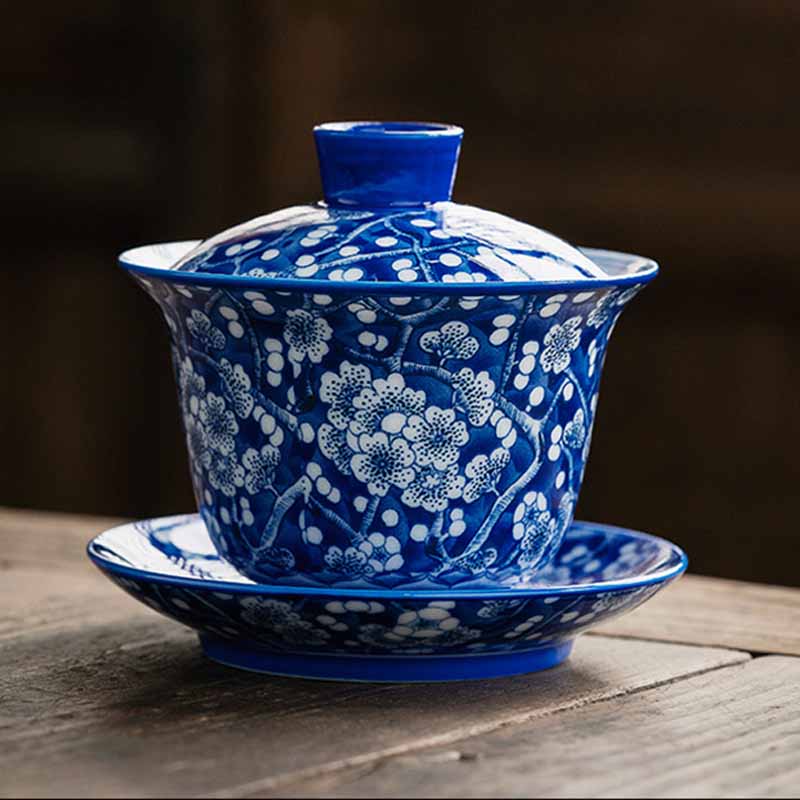 Taza de té de cerámica Gaiwan Sancai, taza de té de Kung Fu y platillo con tapa, Buddha Stones, flor de ciruelo, porcelana azul y blanca, 185ml