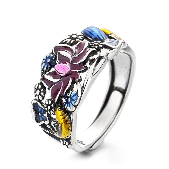 Anillo de riqueza de la suerte con diseño de hojas de flor de loto y peces Koi de Buddha Stones