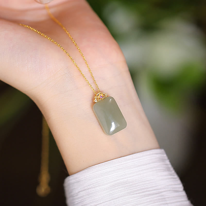 Plata de Ley 925 Natural Hetian Jade cian Jade suerte riendo Buda mariposa collar colgante - Jade Hetian cuadrado - image 43