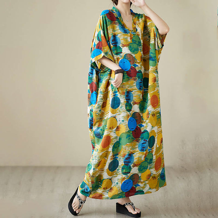 Vestido midi de lunares de colores azul naranja y piedras de Buddha Stones Vestido de media manga de algodón con bolsillos