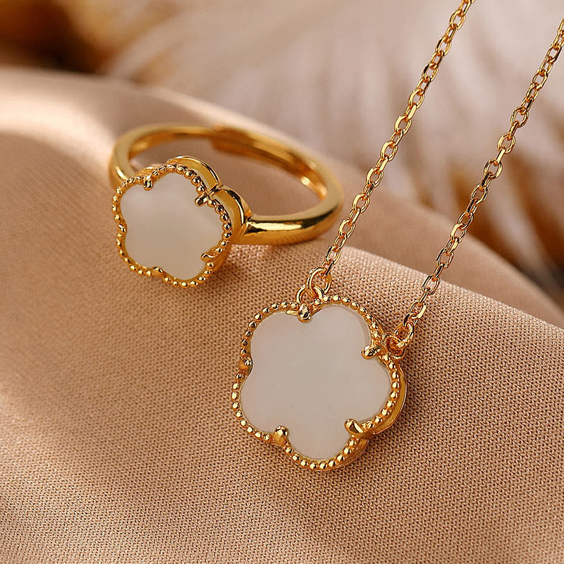 Juego de anillos y collar con colgante de flor de jade hetiano natural chapado en plata de ley 925 con Buddha Stones